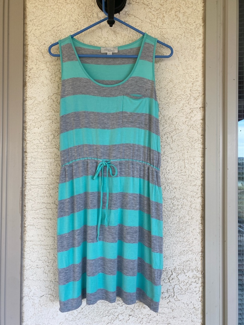 Olive & Oak Aqua and Gray Striped Drawstring Tank Dress